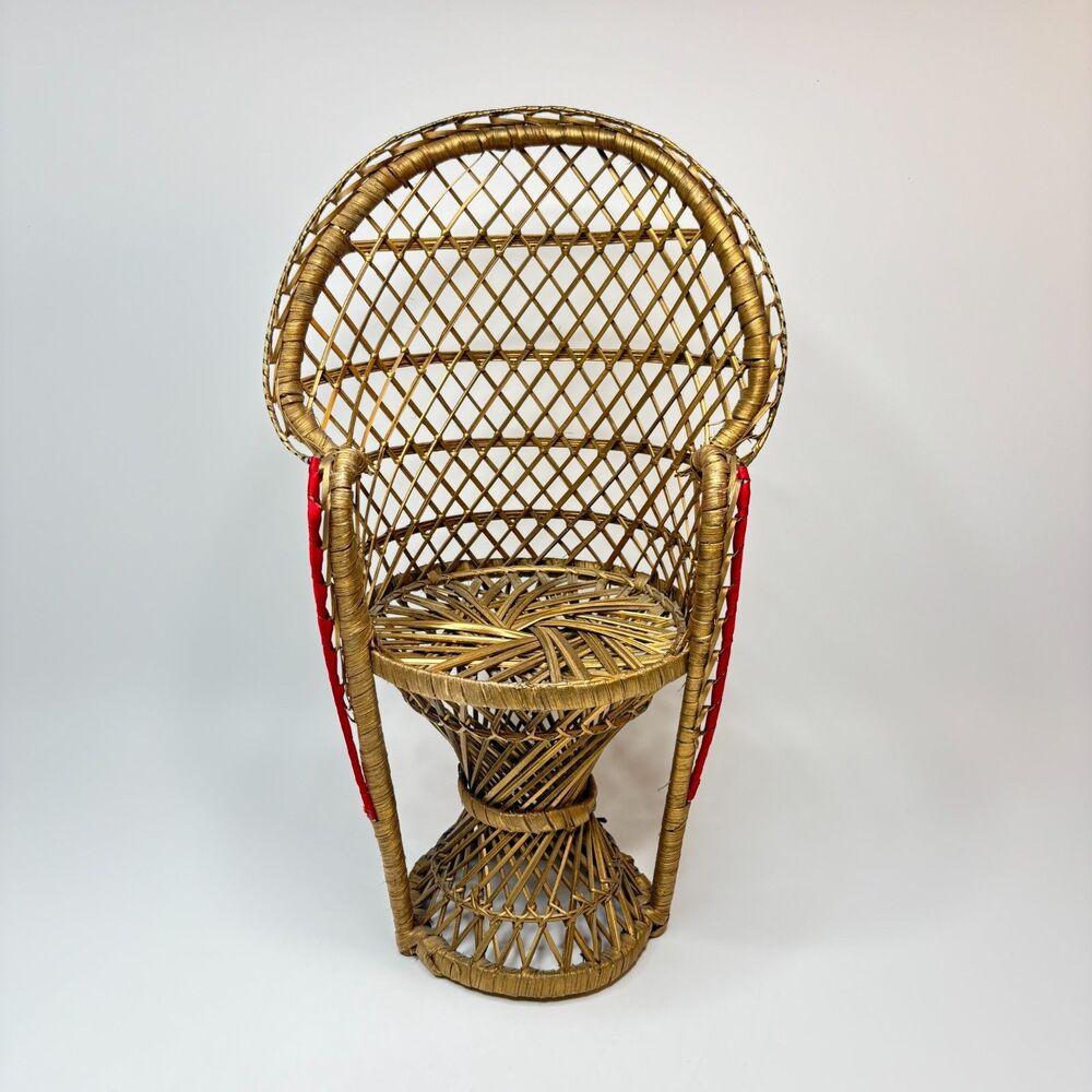 VTG Gold/Red Peacock Chair for Doll or Plant Stand 16" Gold Painted Wicker